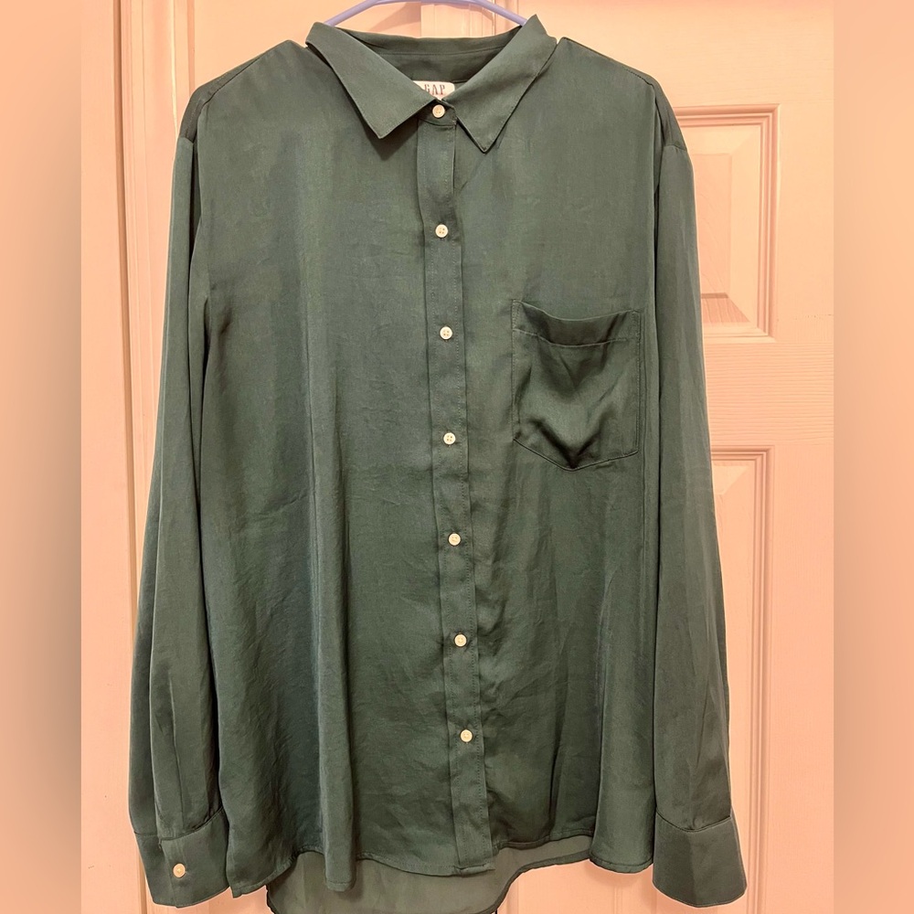 Beautiful green silk like button down blouse. GAP, women’s, XXL, not hot.